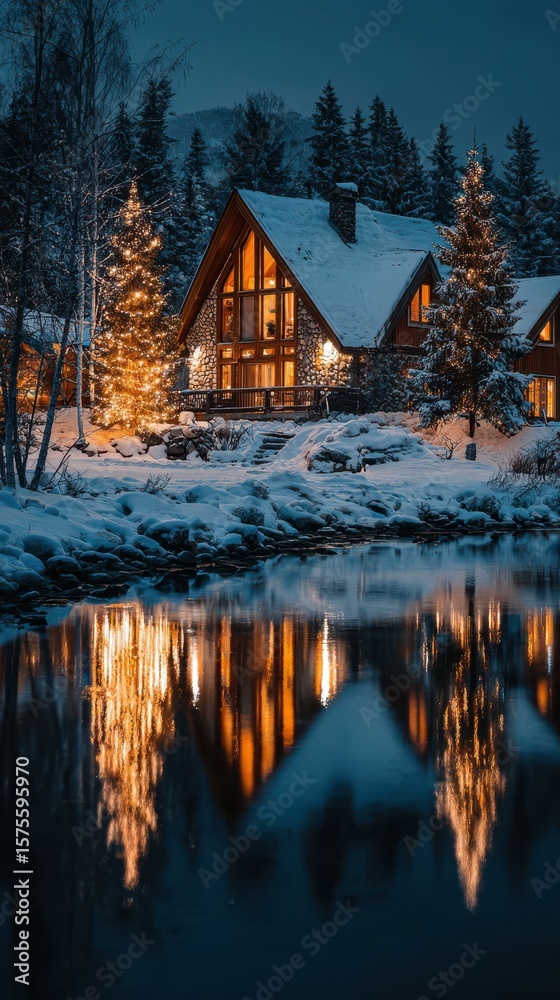 Fototapeta premium Charming winter lodge reflects serene holiday lights along a tranquil river bank at dusk