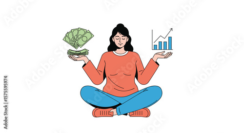 Person meditating with money and financial growth chart on each hand