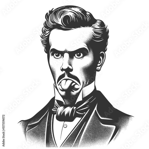 man in formal attire sticking out his tongue with a defiant and grumpy expression sketch engraving generative ai fictional character vector illustration. Scratch board imitation. Black and white image