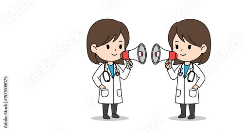 Healthcare professionals discussing important medical information loudly through megaphones