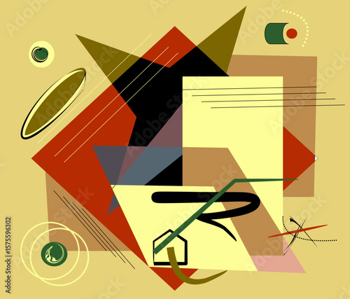 Abstract beige  background ,fancy  geometric and curved  shapes , expressionism art style