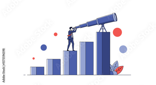 Visionary business leader analyzing growth trends and future opportunities through telescope on rising bar chart