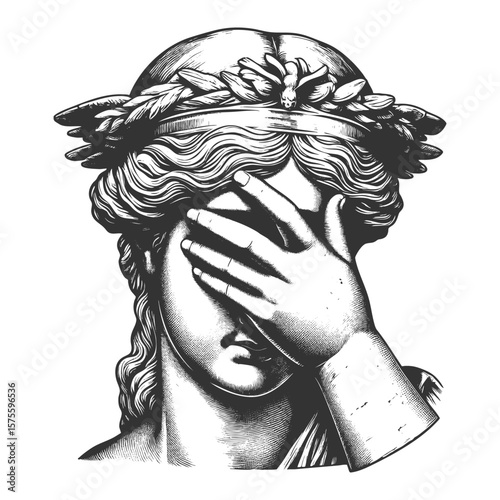 classical statue with a facepalm expression, frustration or disappointment in detailed line art sketch engraving generative ai vector illustration. Scratch board imitation. Black and white image.