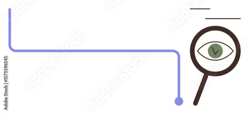 Magnifying glass examining eye with checkmark, connected by a curved blue line. Ideal for analytics, quality control, vision, clarity, validation, investigation trust. Minimal and simple flat