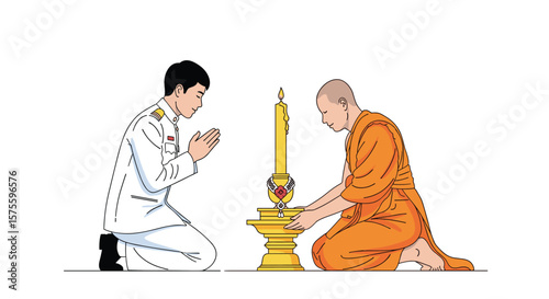 Buddhist monk lights candle during religious ceremony with devotee kneeling in prayer