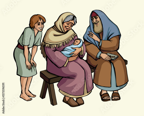 Vector drawing. Mother and father with a baby