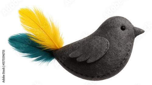 Catnip-filled felt bird toy, featuring feather accents, for a cat to pounce on in an urban loft.