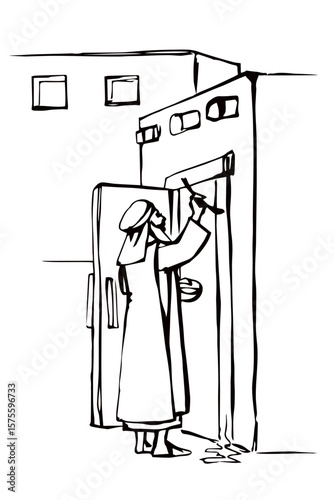 Vector drawing. The family fulfills God's command. Anoints the doorposts with the blood of the lamb