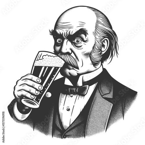 older man in formal attire intensely drinking a foamy glass of beer in classic engraving style sketch engraving generative ai fictional character vector illustration. Scratch board. Black and white.