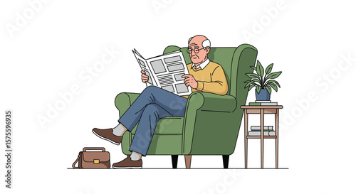 Elderly man relaxing in a comfortable armchair while reading a newspaper