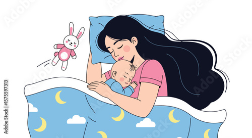 A loving mother cradles her baby while a toy bunny watches over them in bed
