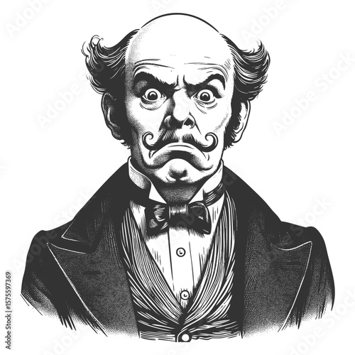 stern bald man with wild side hair and curled mustache, expressing intense disapproval or shock sketch engraving generative ai fictional character vector illustration. Scratch board. Black and white.