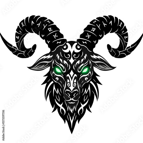 orned goat demon featuring glowing eyes and tribal symmetrical runes, detailed black line art vector illustration, bold flat design on white background with intricate patterns