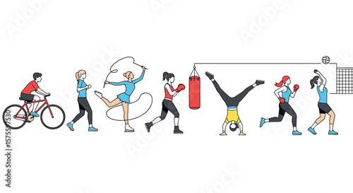 Active people enjoying diverse sports and outdoor physical fitness activities together