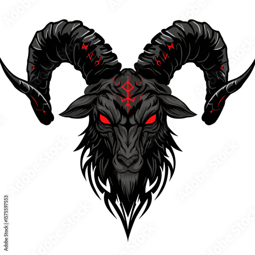 Horned goat demon with glowing eyes and symmetrical runes, tribal style vector illustration, bold black lines on white background, flat design with intricate centered patterns