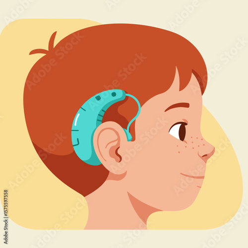 Vector illustration of child wearing hearing aid in side view with stylized ear device, playful flat style in warm colors, inclusive and friendly concept