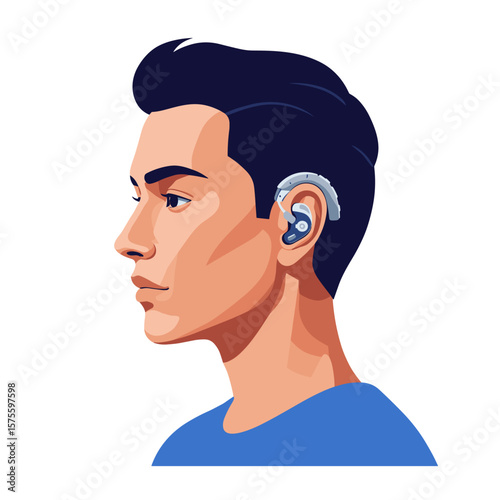 Vector portrait of a person with sleek digital hearing aid, flat design in blue and silver tones, modern technology concept on white background