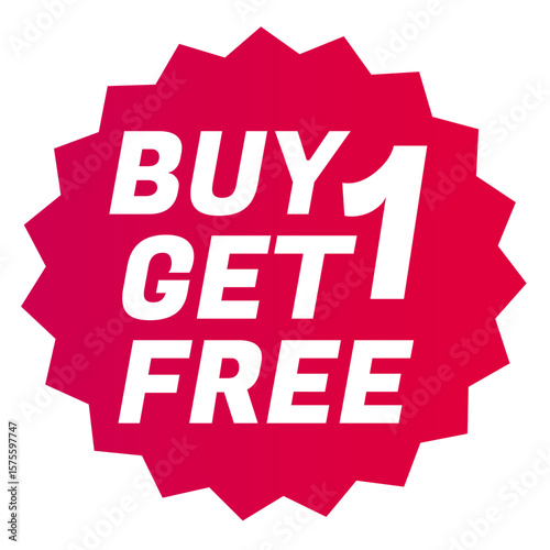 Buy 1 Get 1 Free, Round starbursts zigzag shape sales badge icon in red color, Shopping label concept for sales tags. Colorful flat design for app ads web button ui ux elements in white background