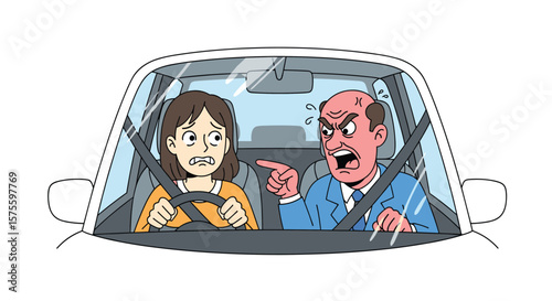 Frustrated driving instructor scolds nervous student driver in car during driving lesson