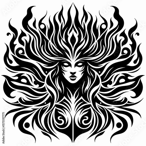 Woman with fire in bold tribal design, intricate sharp flowing black lines and interconnected patterns on white background, symbolic and artistic illustration