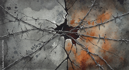 Abstract broken wall with barbed wire elements, watercolor illustration in gray and rust tones, expressive brushwork and emotional atmosphere