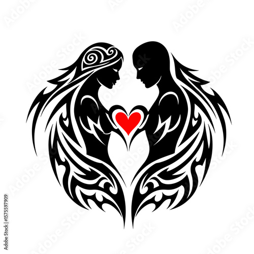 Woman and man with heart between them in bold tribal design, intricate sharp flowing black lines and interconnected patterns on white background, symbolic and artistic illustration