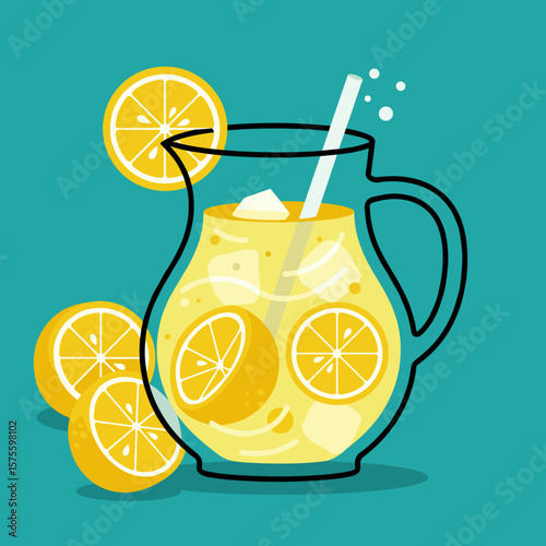 Pitcher with swirling lemonade and geometric lemon slices, bold shapes and flat modern style, yellow and turquoise palette, abstract vector art, white background