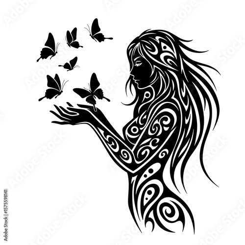 Intricate tribal woman with butterflies rising from hands, detailed black linework on white background, representing growth and spiritual awakening