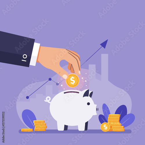 Glowing coin dropping into piggy bank held by stylized hand, abstract flat vector in corporate color palette, symbol of saving and financial planning