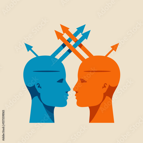 Abstract vector illustration of two human heads with arrows from foreheads, flat geometric style, representing opposing ideas and strategic thinking, clean white background