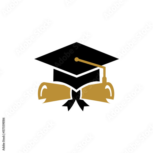 Graduation cap and scroll merged into geometric academic symbol, abstract vector design in black, gold, and white minimal palette