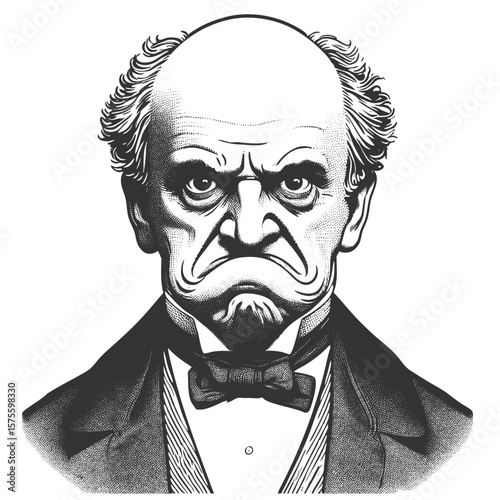 grumpy-looking Victorian man in a suit and bow tie with exaggerated frown sketch engraving generative ai fictional character vector illustration. Scratch board imitation. Black and white image.