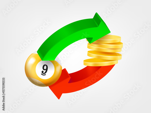 Arrows with billiards ball and coins. Sports betting concept. 3d vector illustration