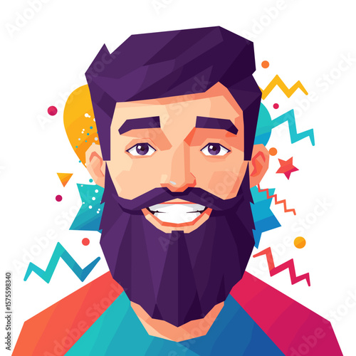 Smiling guy with funny beard, styled into stars and zigzags, vibrant bold colors, modern sleek flat vector design, geometric shapes, white background