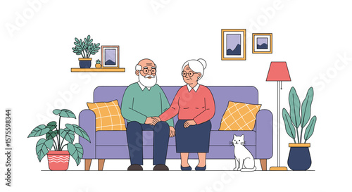 Elderly couple holding hands on sofa surrounded by plants and cat