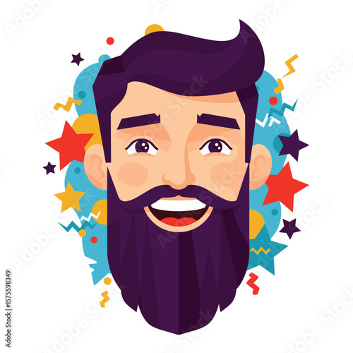 Cheerful man with beard design, vibrant saturated colors, sleek flat vector style, geometric shapes, clean white background