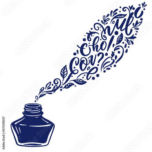 Monoline vector illustration of an ink bottle tipped gently, deep sapphire blue fill, flowing hand-lettered curves, leaves, punctuation marks, and gentle waves, creative writing concept