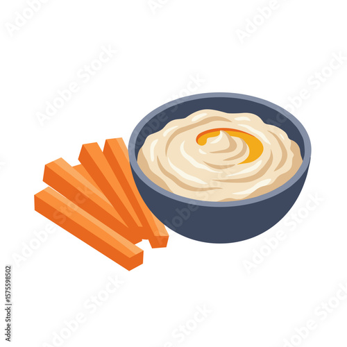 Hummus bowl with neatly arranged carrot sticks, isometric vector illustration with bright colors, clean geometric shapes, modern flat vector style, stylized food art