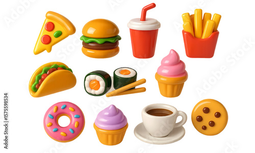 3D glossy colorful food icons set – pizza, burger, soda, fries, taco, sushi, ice cream, donut, cupcake, coffee, cookie – transparent PNG with soft reflections