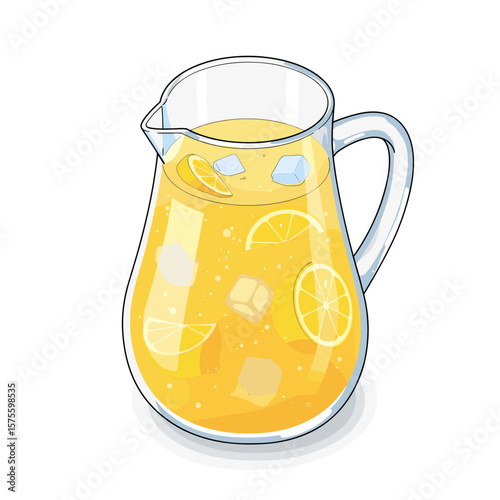 Transparent pitcher filled with lemonade with ice and lemon wedges, isometric flat vector artwork, subtle gradients, clean layout, white background
