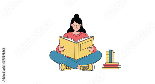 Young person sitting cross legged reading an open book surrounded by knowledge