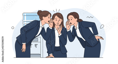 Office gossip spreading rumors between colleagues secretly whispering information damaging reputations