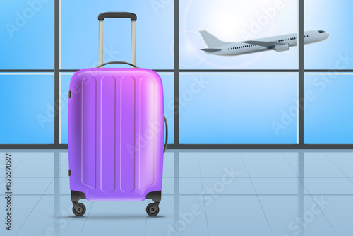 Violet travel bag in airport interior with aircraft in the window. 3d vector illustration