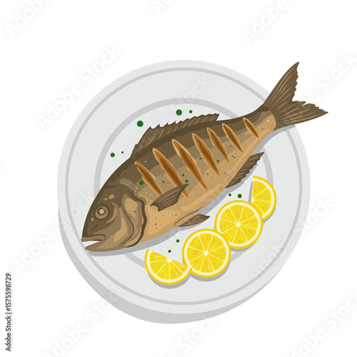 Grilled fish on plate with lemon wedges, top-down vector illustration in flat color design with soft shadows on white background