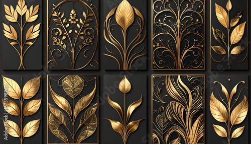 Gold leaf floral patterns on dark panels
