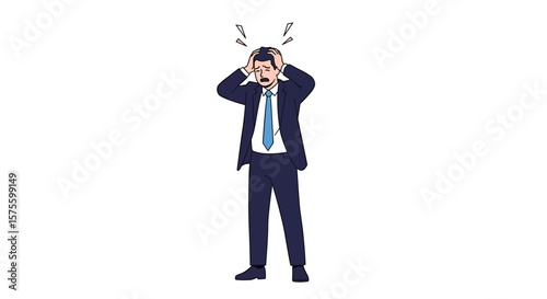 Stressed businessman grabs head in frustration over workplace challenges and difficulties
