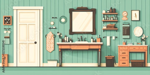 Wallpaper Mural Stylish Bathroom Interior with Vintage Mirror and Wooden Vanity in Modern Green Room Torontodigital.ca