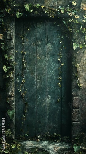 Old Wooden Doorway with Ivy Vines and Stone Wall Background