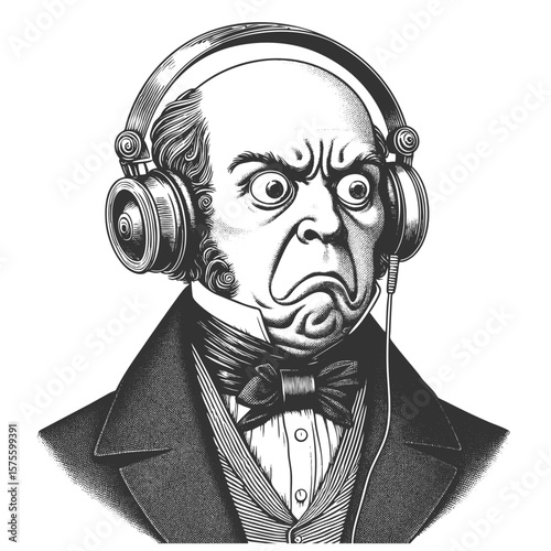 Victorian gentleman in formal attire, humorously wearing modern headphones with a shocked expression sketch engraving generative ai fictional character vector. Scratch board. Black and white.