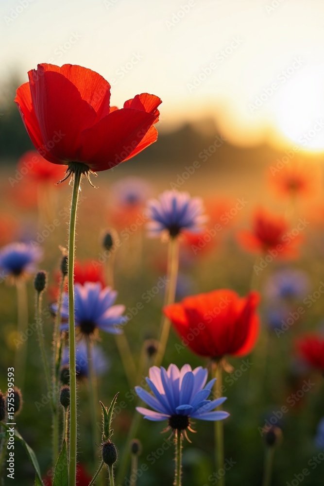 Obraz premium Rote Mohnblume und blaue Kornblumen bei Sonnenaufgang im goldenen Morgenlicht